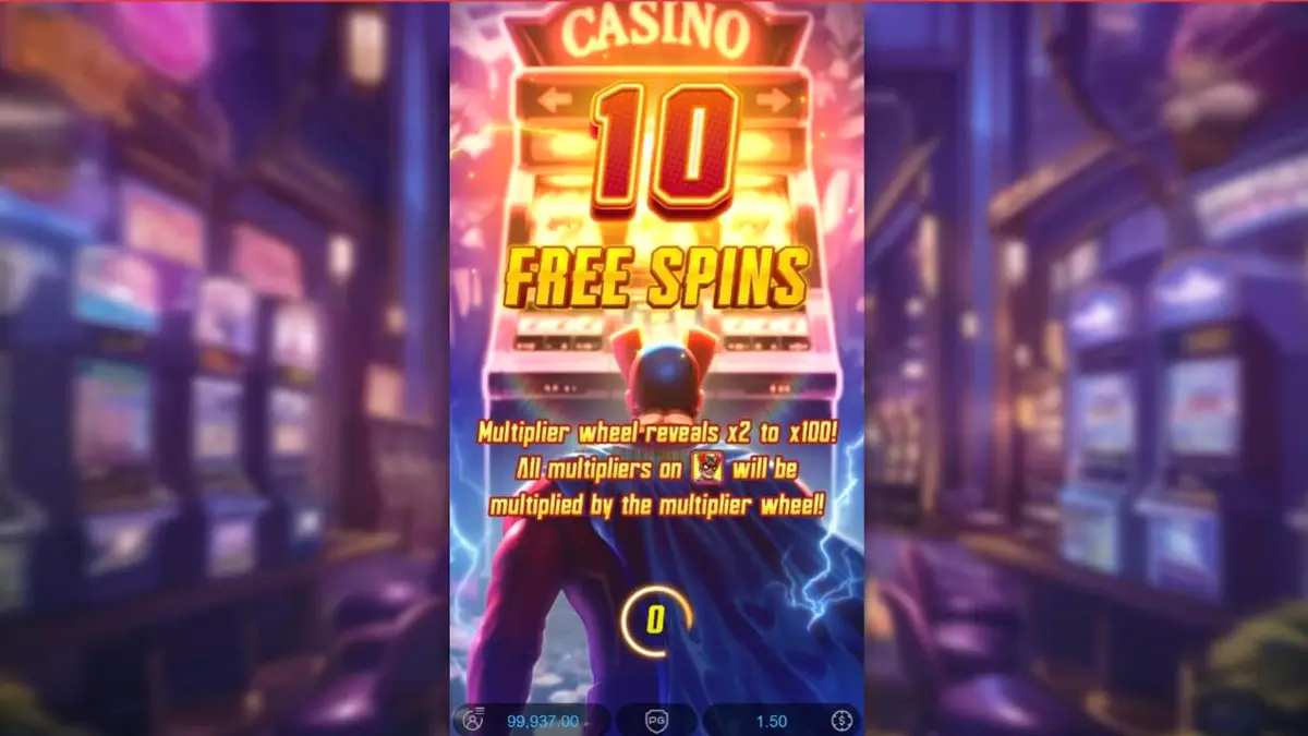 Interface do slot Super Wildrix com tema de super-herói neon