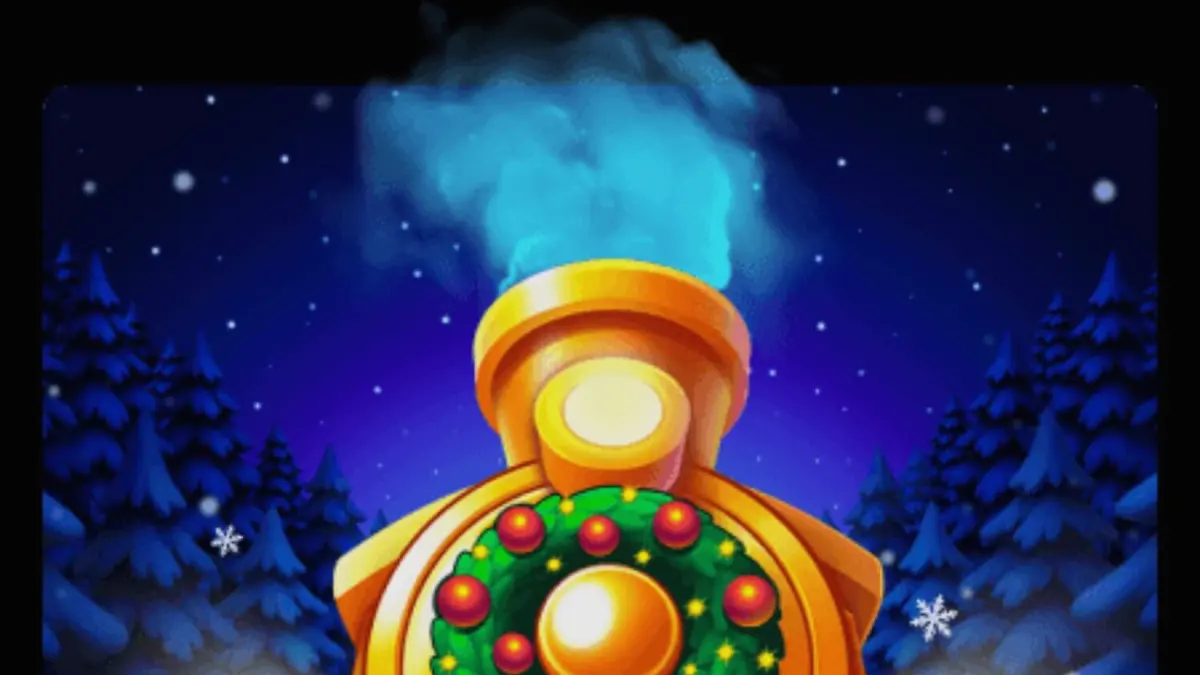 Trem dourado festivo em um cenário de inverno nevado no slot Train of Gold X-Mas