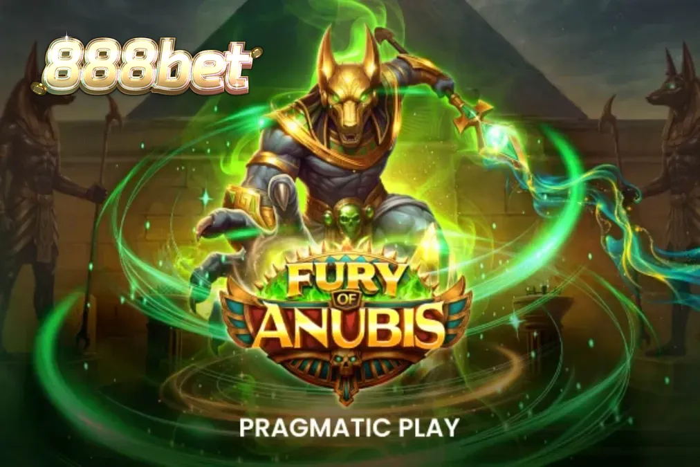 Captura de tela do jogo Fury of Anubis da Pragmatic Play, mostrando o deus chacal Anubis em um cenário egípcio escuro e ardente com rolos cheios de símbolos de joias e relíquias.